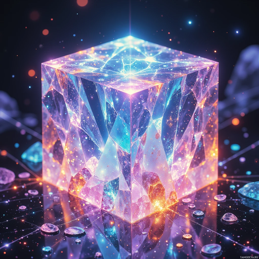 Semi-abstract image with many light, that is suitable for the post:  A lattice of translucent crystalline facets forming a resonant prism, shimmering with shifting kaleidoscopic colors that refract light into soft iridescent hues, with subtle pulse-like ripples across its surface.