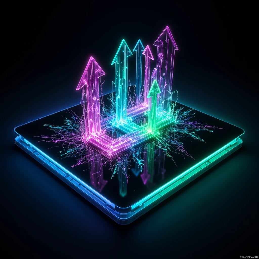 Semi-abstract image with many light, that is suitable for the post:  matte‑black holo‑matrix board with a sleek rectangular silhouette, smooth matte surface, integrated glowing holographic projection of 3D kinetic arrows and swirling probabilistic heat maps in neon turquoise, magenta and green, with visible modular core slots for variable adjustments.