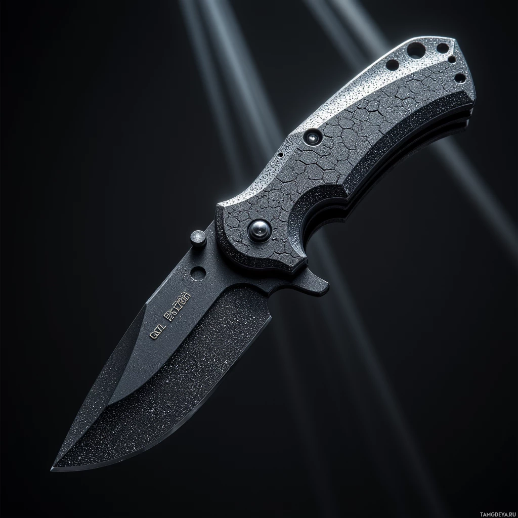 Semi-abstract image with many light, that is suitable for the post:  pocket-sized black steel knife with a foldable handle that collapses into an invisible silhouette, featuring a sub‑micron tempered blade etched with a shimmering graphene micro‑grid that refracts light like a mirage and includes a subtle integrated thermal sensor