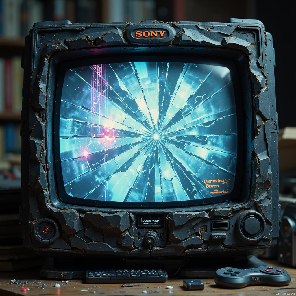 Semi-abstract image with many light, that is suitable for the post:  Cracked 1995 Sony PSX console with warped black plastic casing, exposed motherboard showing a 9‑V battery connector and tiny SD slot, screen flickering with a VHS filter overlay in glitchy Russian cartoon style, battered and weathered.