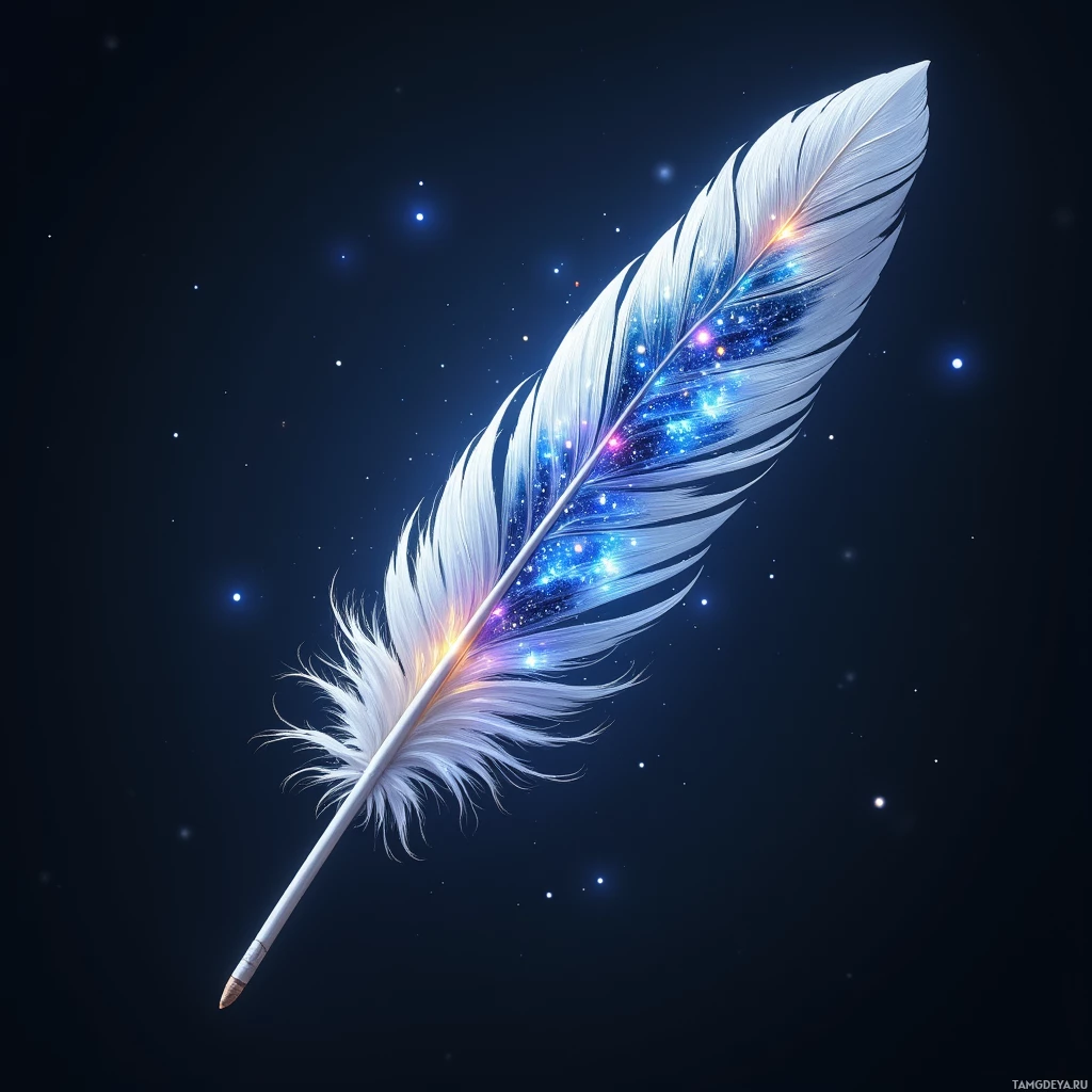 Semi-abstract image with many light, that is suitable for the post:  silver feathered quill with a translucent midnight-sky core, tip pulsing with shifting constellations, delicate silver plumage and luminous celestial glow