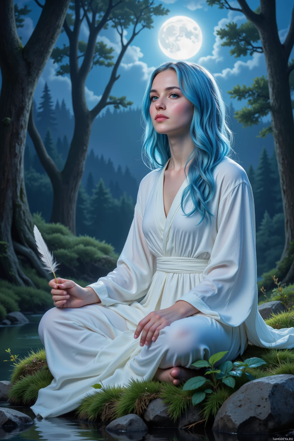 Realistic high quality photo. Female, 31, serene healer with soft blue wavy hair, bright blue eyes, pale skin, wearing flowing white robes with feather patterns, sits on moss in a moonlit forest glade tracing a single feather while the gentle wind carries distant valley songs, exuding calm meditation.