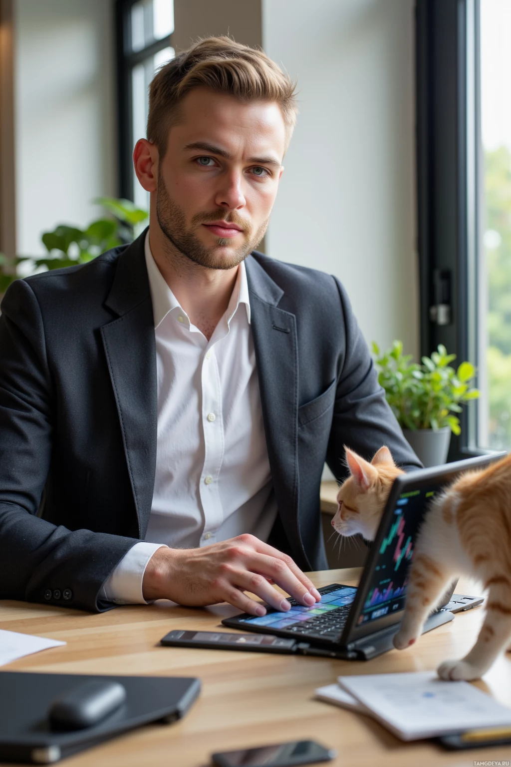 Realistic high quality photo. A 34‑year‑old male with short blonde hair, blue eyes, pale skin, wearing a white dress shirt, dark gray blazer and black trousers sits at a modern office desk in late afternoon light, holding a tablet displaying cryptocurrency charts while a domestic cat walks across the keyboard, causing numbers to scroll on the screen.