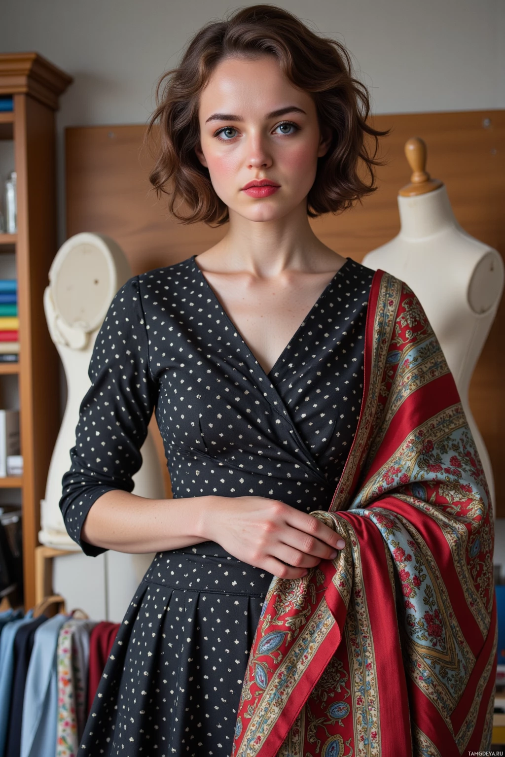 Realistic high quality photo. A 31‑year‑old woman with voluminous curly brunette hair, bright blue eyes, fair skin, high cheekbones and full lips, wearing a cinched polka‑dot 1950s dress that flares into a full skirt, red lipstick, low‑heeled pumps, standing in a morning tailor shop surrounded by fabric boards as she frowns while holding a silk paisley scarf to inspect off‑centimeter sleeve stitching.
