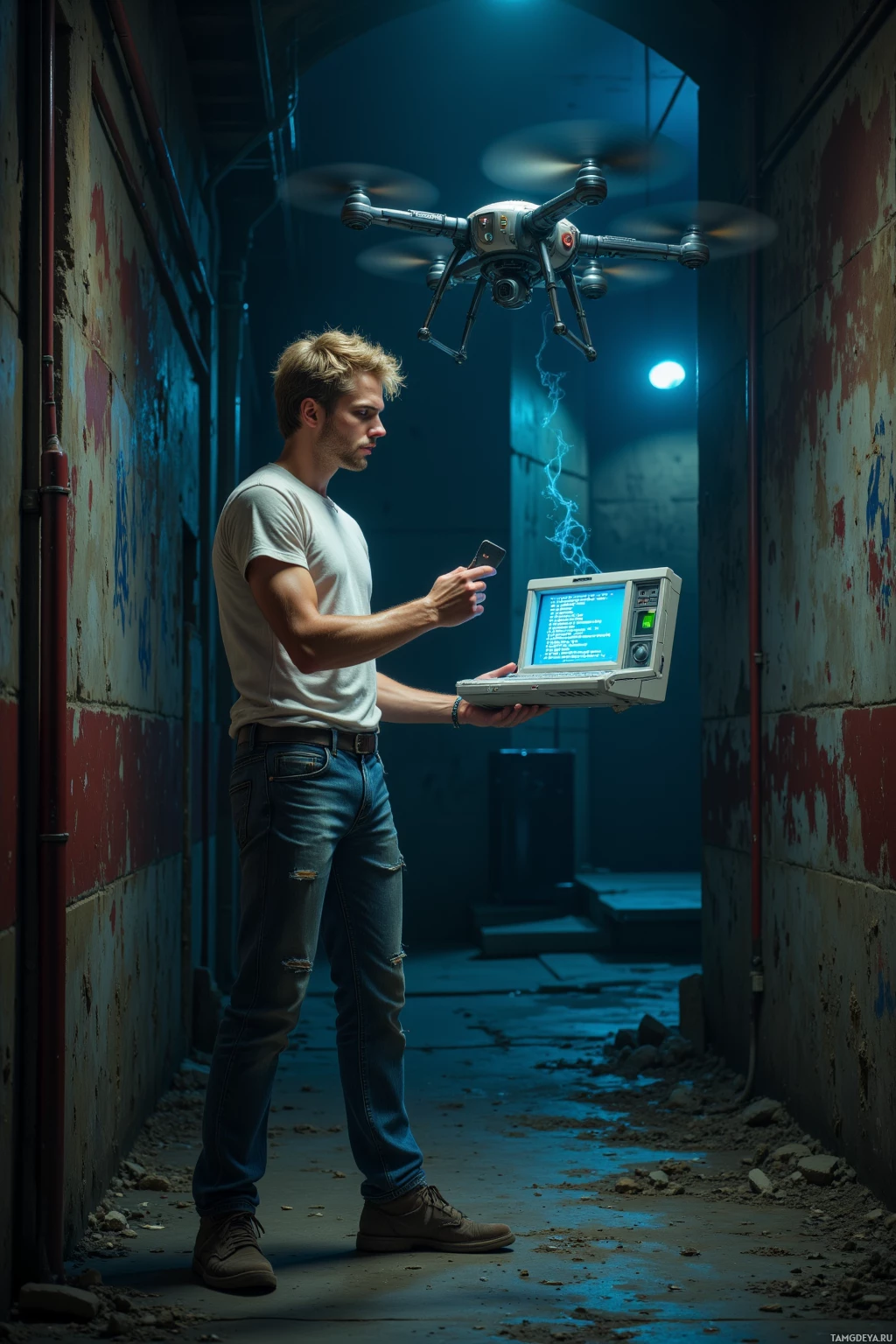 Realistic high quality photo. Young scruffy-haired blonde man in his 20s with piercing blue eyes and rugged features, wearing faded jeans, worn t‑shirt, beat‑up sneakers, standing by a dimly lit abandoned warehouse alley at midnight, holding an old terminal glowing with code, confronting a hovering drone with a sarcastic grin, hand reaching for a keycard as cold air shimmers around him.