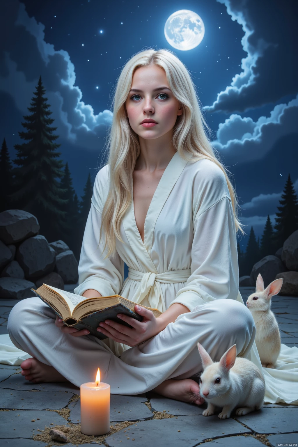 Realistic high quality photo. A 29‑year‑old woman with long pale blonde hair, blue eyes, serene face, in flowing white robes, sitting on a stone floor beside a single flickering candle, reading an old spellbook under a pillow, under a luminous moonlit sky with dust bunnies curling around her.