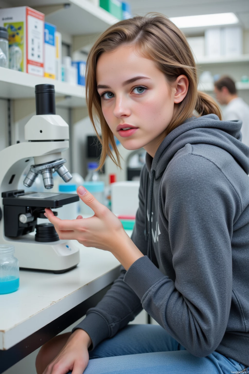 Realistic high quality photo. 21‑year‑old woman with messy brown hair, bright blue eyes, wearing a hoodie, jeans, sneakers, arguing beside a benchtop microscope on a lab bench in a modern university biology laboratory under fluorescent lighting with a cell culture slide visible through the scope during an afternoon.