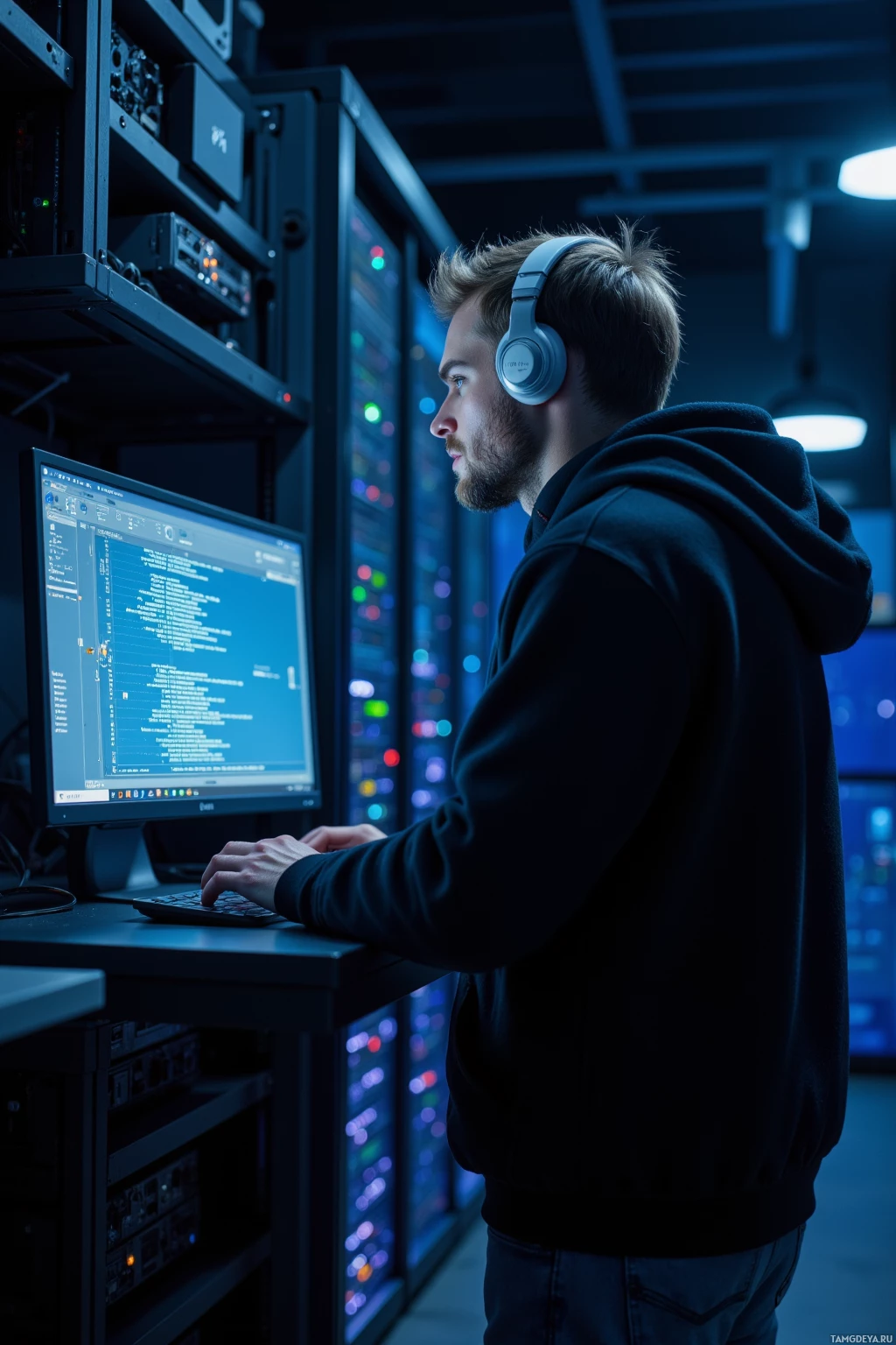 Realistic high quality photo. Male, 30, short dark blonde hair, bright blue eyes, wearing a black hoodie, white headphones, comfortable jeans, focused expression, in a dimly lit server room at night surrounded by racks of servers with blinking LEDs, staring at a monitor displaying a quantum packet trace, quietly humming binary code.