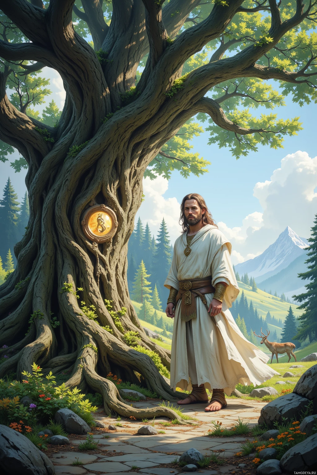 Realistic high quality photo. Man with light brown hair and beard, piercing green eyes, wearing flowing white robes with subtle mystical patterns pauses beside a towering ancient oak whose curling roots reveal a hidden rune, surrounded by dense forest under a tranquil sky as distant stag calls and breeze stirs the leaves.