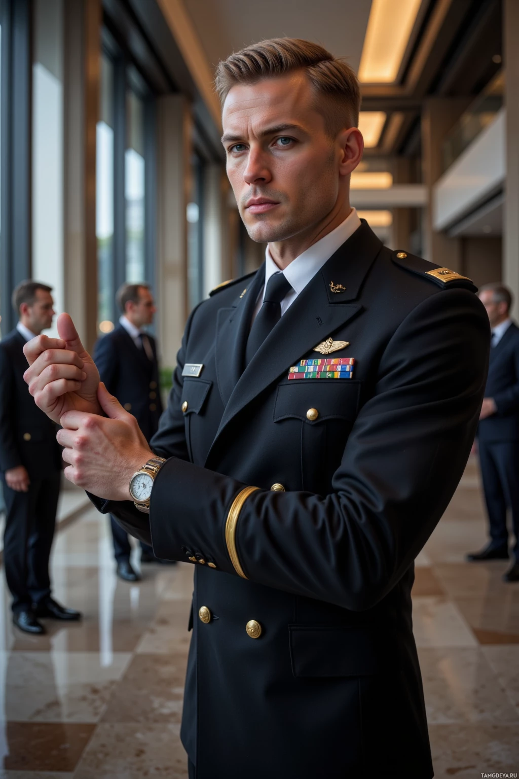 Realistic high quality photo. Tall male, 48, slicked-back light blonde hair, piercing cold blue eyes, stern expression, wearing a sharply tailored black military uniform with subtle rank insignia, standing in a modern hotel lobby with marble floors and large glass windows, flicking his wrist to stop a flickering camera on the wall, surrounded by generals whispering in the background, evening light casting a cool muted glow.