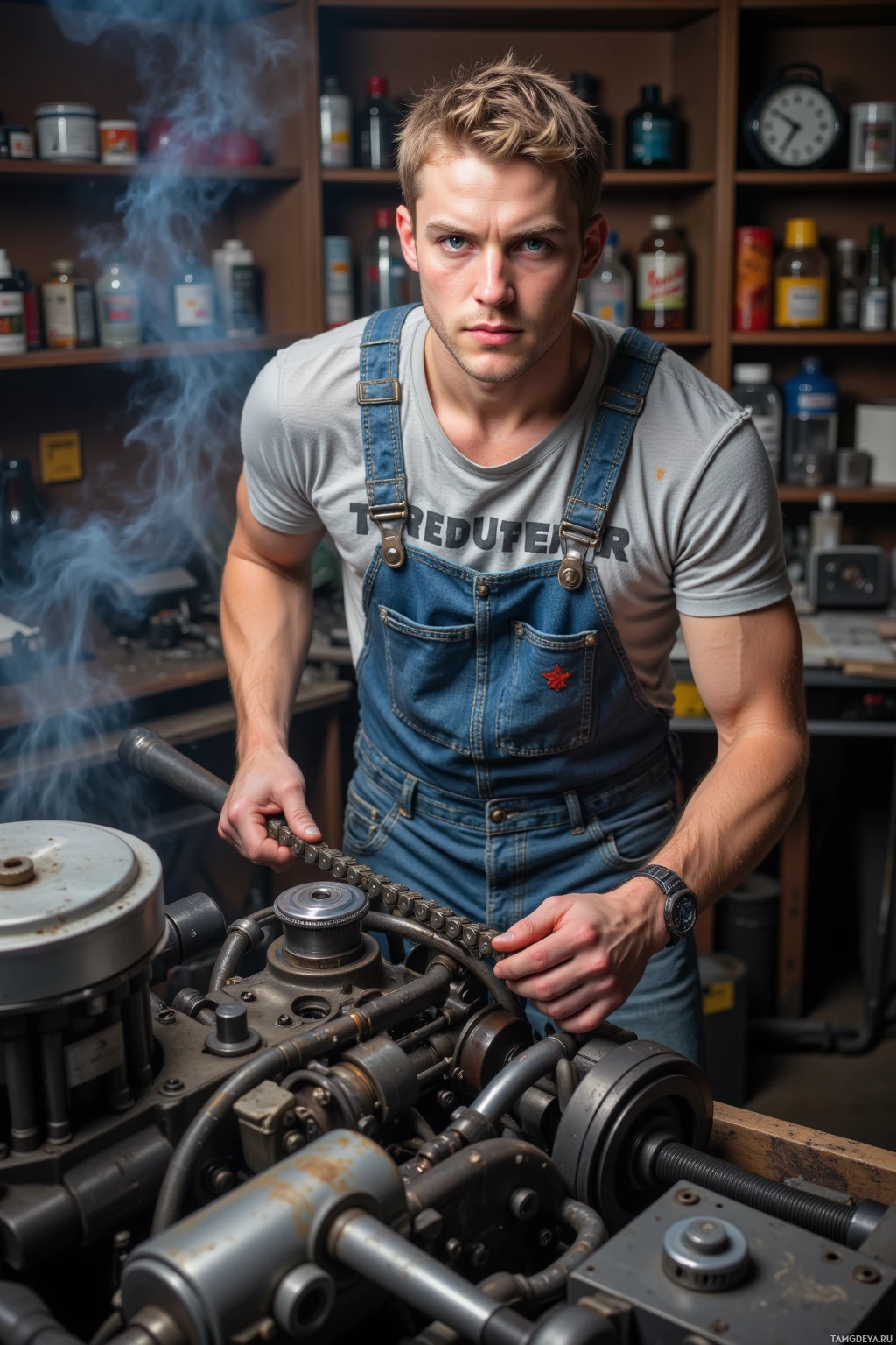 Realistic high quality photo. 30‑year‑old blond man with bright blue eyes wearing faded mechanic’s overalls over a band t‑shirt, hammering a timing chain on a car engine in a cluttered garage, oil fumes rising, his face reflecting focused determination.