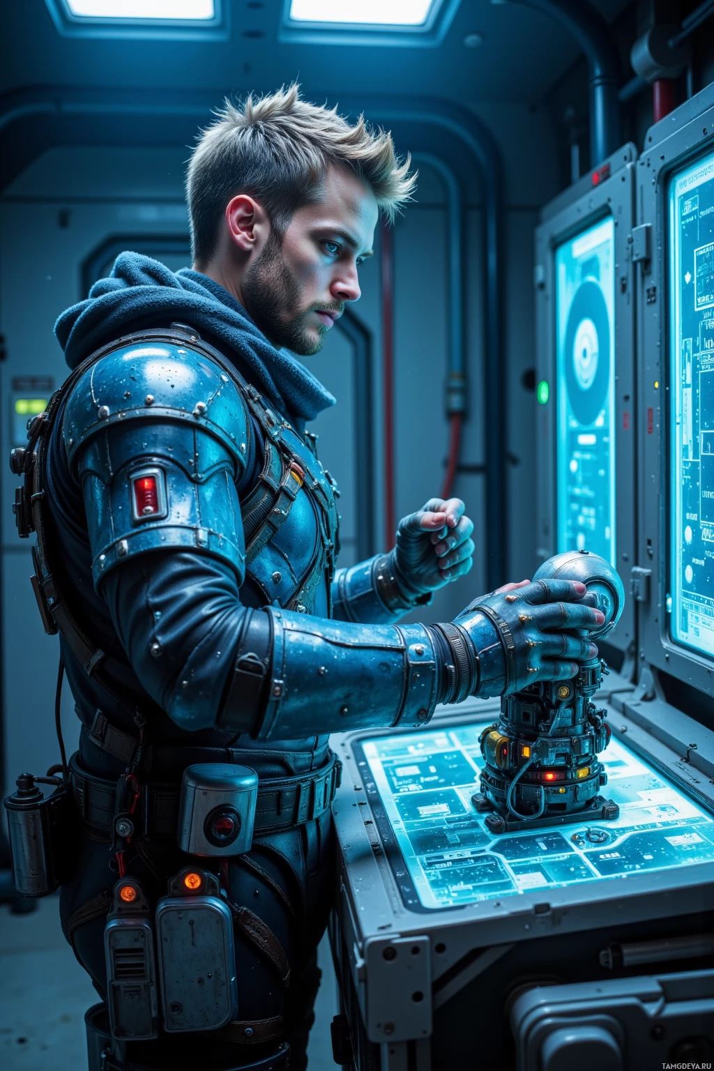 Realistic high quality photo. Male, 40, short spiky light brown hair, blue eyes, wearing thick metallic frost‑covered armor with a utility belt, standing inside a dim cryo‑chamber, operating a scanning console with holographic data streams, while a small maintenance drone with exposed copper cables receives a lecture, all under cold blue light.