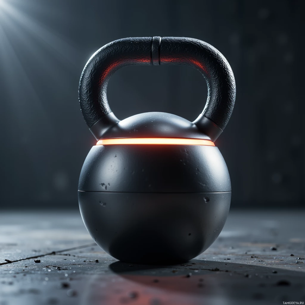 Semi-abstract image with many light, that is suitable for the post:  A sleek titanium kettlebell with a subtle LED strip encircling its rim, a magnetic core that allows instant weight adjustment, embedded sensors for data tracking, and a minimalist digital interface display.
