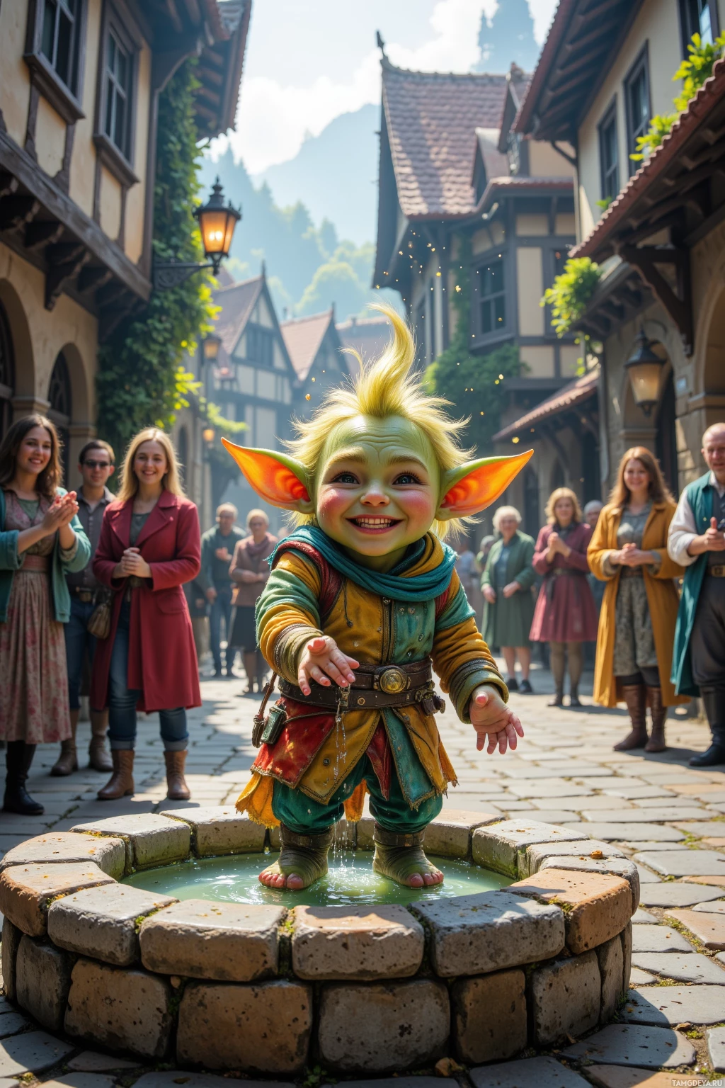 Realistic high quality photo. Small green‑skinned goblin with spiky hair and a wide mischievous grin, wearing colorful patchwork clothes, sprinkling glittering stardust over an ornate stone fountain in a bustling medieval village square as townsfolk laugh and clap at the twinkling surprise.