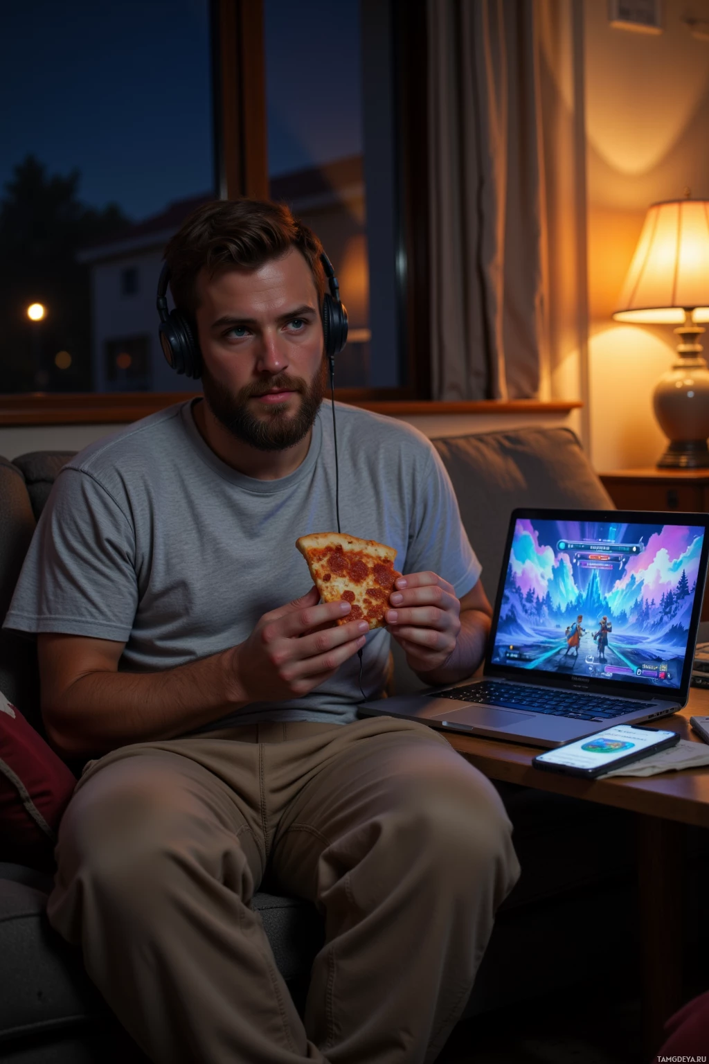 Realistic high quality photo. A 30‑year‑old man with short light brown hair, blue eyes, wearing a light grey t‑shirt and loose beige joggers, sitting on a sofa in a dimly lit living room at night, holding a stale pizza slice, headphones on, a laptop open to a pixelated retro game, a smartphone with a floating playlist icon, and a warm lamp casting soft light over the scene, capturing a relaxed, spontaneous lo‑fi gaming vibe.