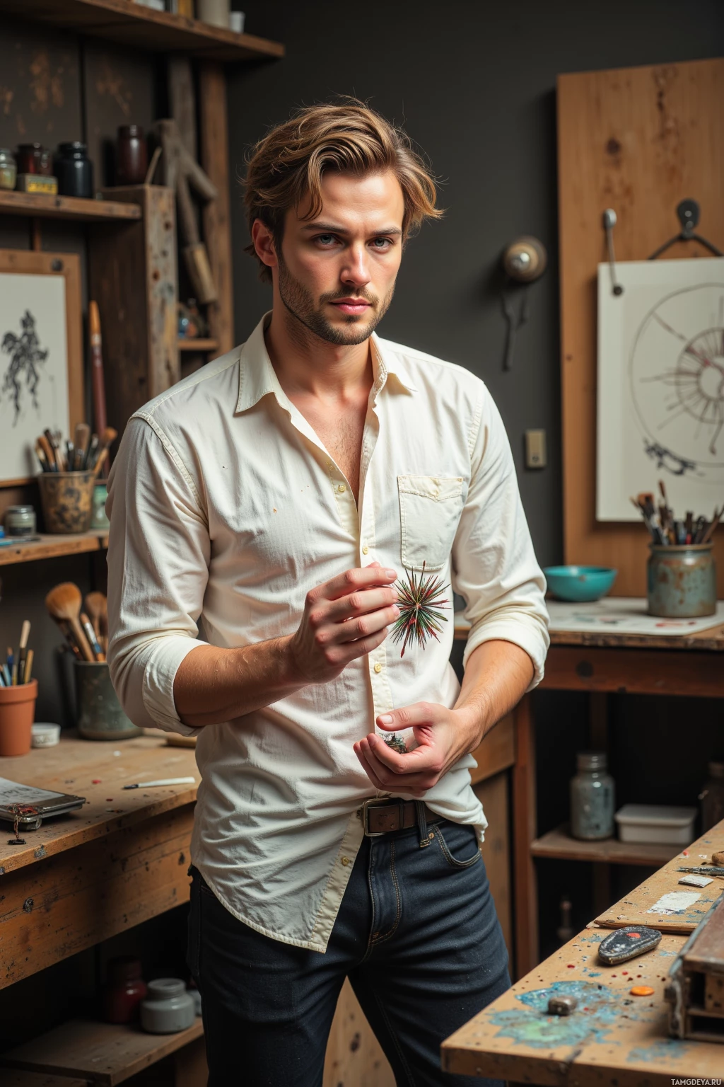 Realistic high quality photo. Man, 28, light brown messy hair, blue‑green eyes, fair skin, wearing a paint‑splattered white shirt and dark jeans, standing in a warm studio with an old workbench full of brushes, holding a tiny kinetic sculpture made from discarded needles that sways as light catches its metal edges while he quickly sketches a fleeting pattern on the wall and erases it.