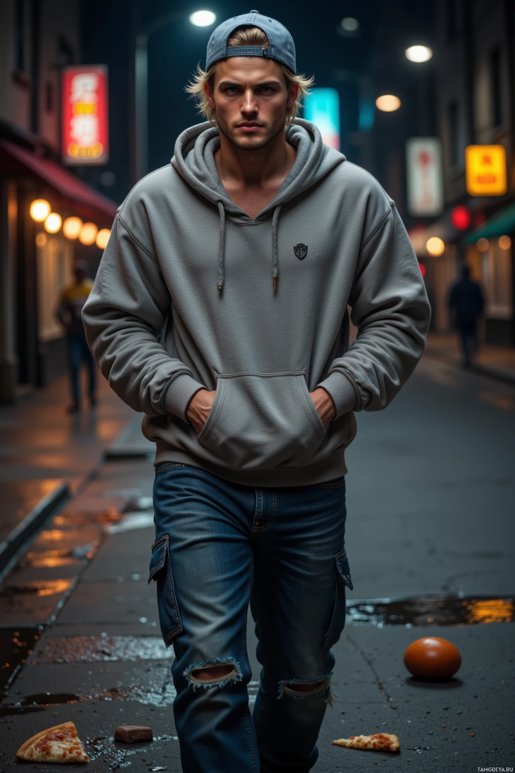 Realistic high quality photo. A confident 25‑year‑old male with messy blonde hair, bright blue eyes, fair skin, wearing an oversized hoodie and backward baseball cap, walking down a wet city street at night with streetlights reflecting off the concrete and a half‑eaten pizza slice on the ground, surrounded by an ambient hip‑hop vibe.