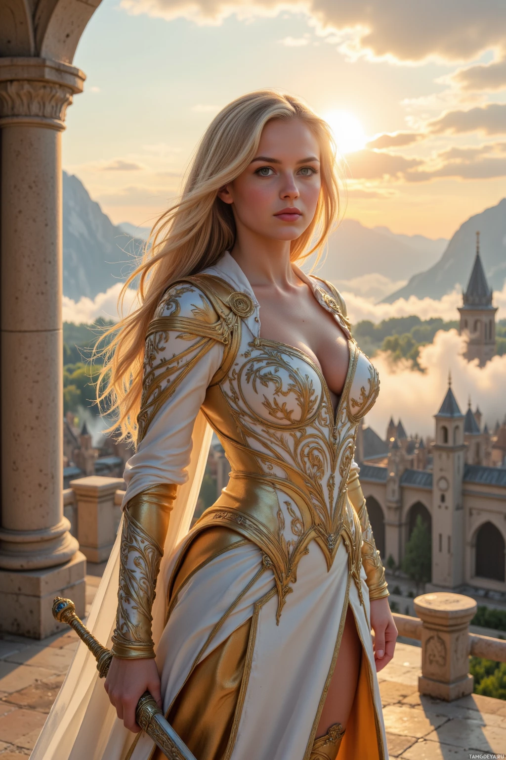 Realistic high quality photo. A commanding woman with flowing blonde hair and striking blue eyes stands on a high citadel balcony at sunrise, wearing an elegant white and gold tailored gown adorned with intricate patterns and a sparkling diamond necklace, holding a jeweled dagger that glints in the morning light as her disciplined entourage marches toward a misty northern plateau in a fantasy realm.