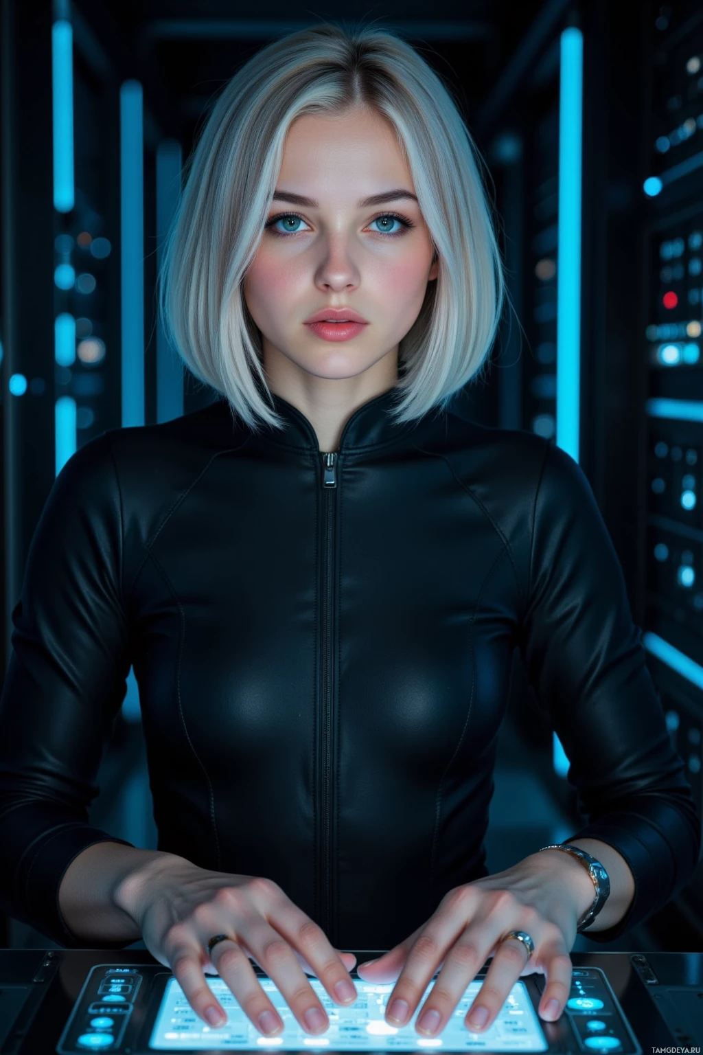 Realistic high quality photo. Female 27 with sleek silver bob hair, bright green eyes, pale glow, wearing a form‑fitting black jumpsuit accented with subtle blue lines and minimalist wristband, typing on a holographic terminal inside a dim server room where humming quantum firewall racks emit low blue light.