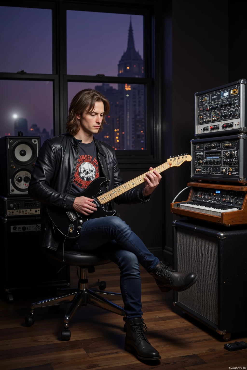 Realistic high quality photo. A 33‑year‑old male musician with medium‑length light brown hair and amber eyes, wearing a black leather jacket over a graphic band t‑shirt, dark jeans, and rugged boots, sits alone at a rack of vintage gear in a dimly lit studio with long shadows, working on a tape loop for a new chorus while city sirens hum outside, his magnetic intensity radiating in the quiet night.