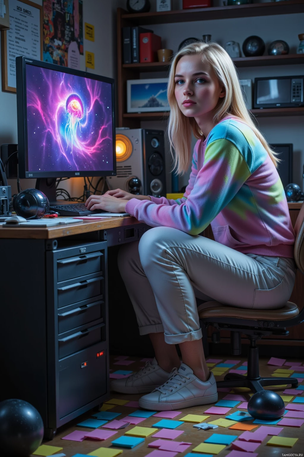 Realistic high quality photo. A 26‑year‑old woman with long blonde hair, bright blue eyes, wearing a fitted pastel hoodie and white cargo pants sits hunched over a cluttered workstation in her dim apartment, surrounded by obsolete VR headsets and a rainbow pile of six‑colored Post‑It notes on the floor while an old Windows XP screen flickers like a nebula, its soft glow casting an ethereal light on her focused face as she refines a 3D jellyfish shader.
