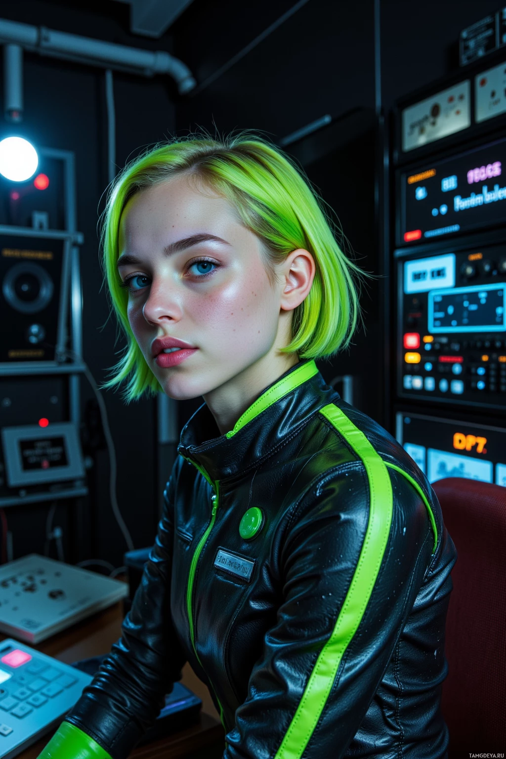 Realistic high quality photo. A 27‑year‑old woman with a neon‑green messy bob, bright blue almond‑shaped eyes, porcelain skin, wearing a futuristic cyberpunk jumpsuit with metallic accents, chasing a flickering headlamp across a cluttered Mars‑night studio where glitching synth panels display unfinished loops and an asteroid‑board glows in the dim control room, radiating rebellious energy.