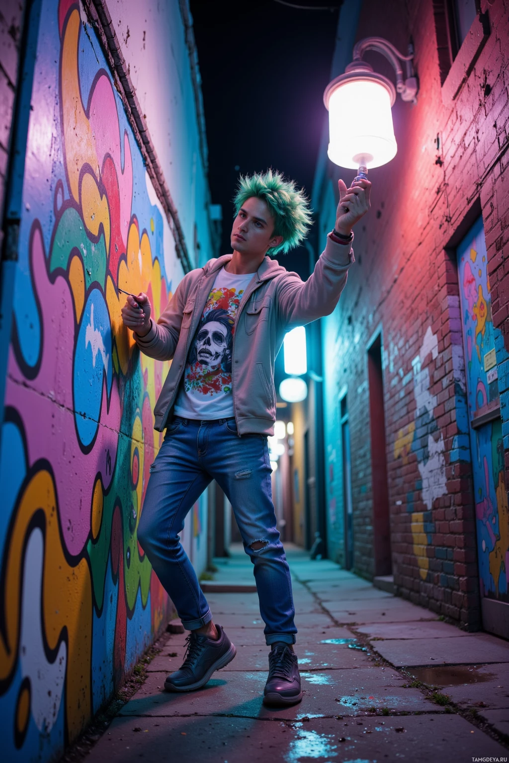 Realistic high quality photo. young man, 22, messy spiky bright green hair, blue eyes, fair skin, wearing a graphic t‑shirt under a lightweight hoodie, jeans, worn sneakers, spray painting a vibrant mural in a concrete alley at night, neon glow illuminating the scene, determined expression and dynamic motion.