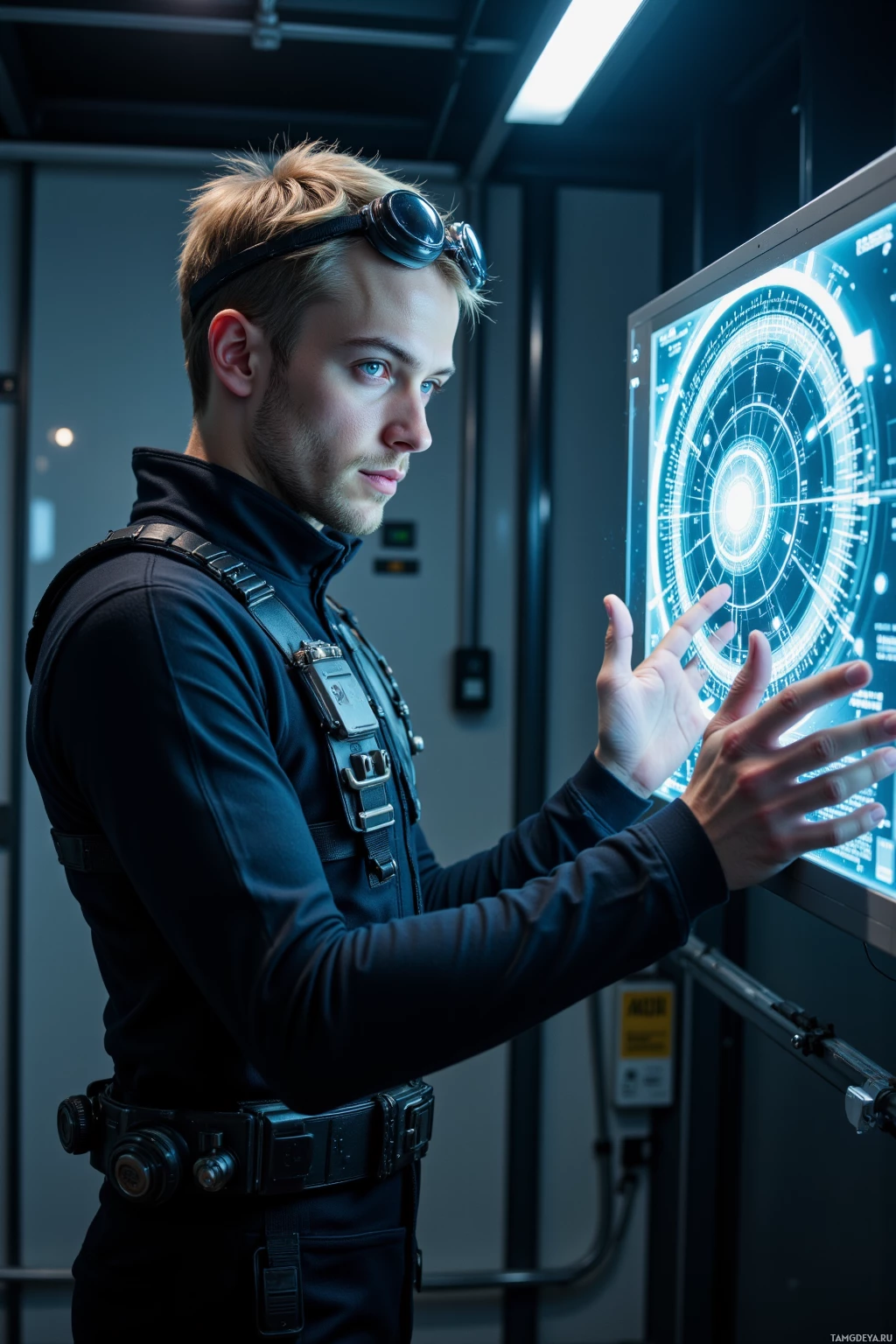 Realistic high quality photo. Male engineer (35) with short blonde hair, piercing blue eyes, pale skin, wearing a sleek black jumpsuit with metallic panels and utility belt of gadgets, goggles perched on his forehead, stands at night in a dim high‑tech lab manipulating a flickering holo‑array that shows subtle asymmetries while fine‑tuning a 0.02 ms latency buffer to align the system with a glowing precision clock.