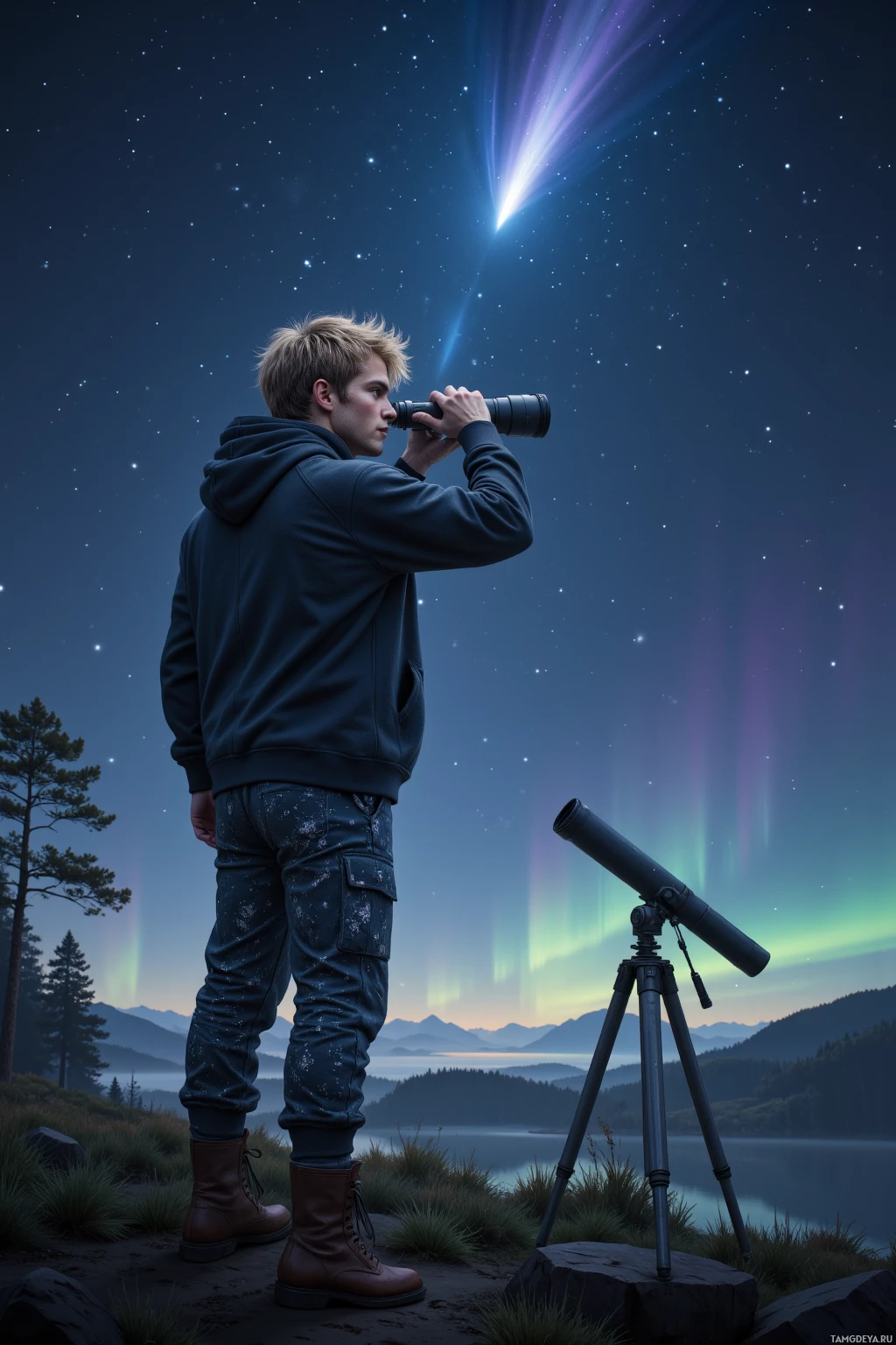 Realistic high quality photo. Male, 32, messy blonde hair, bright blue eyes, soft features, dreamy expression, dark hoodie, starry‑print pants, standing on a quiet hill at night, holding old binoculars to a star‑filled sky, watching a rogue comet streak across the Milky Way while a telescope sits on a tripod and aurora lights shimmer in the distance, sci‑fi starfield backdrop.