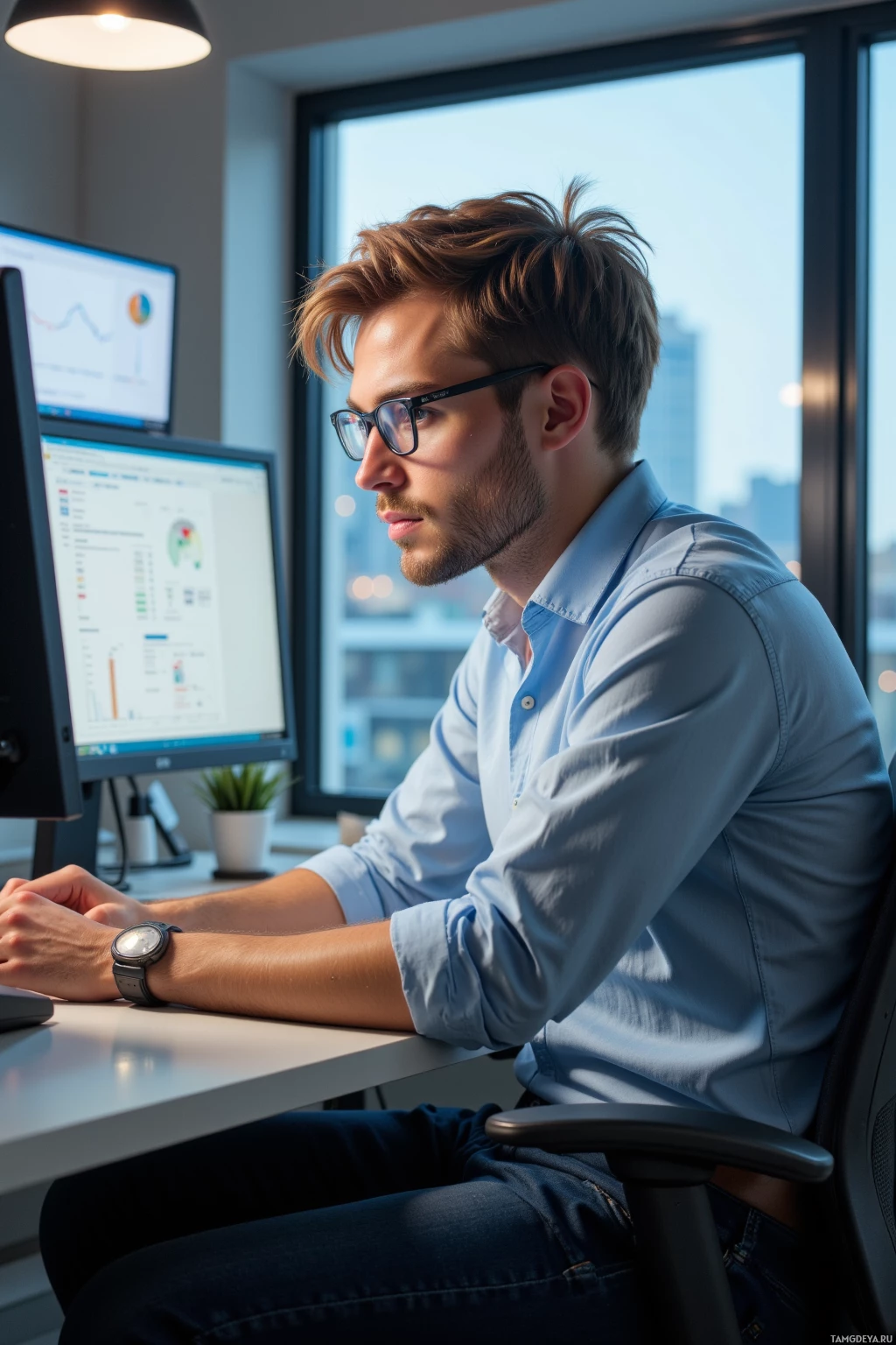 Realistic high quality photo. A 33‑year‑old male with tousled light brown hair and clear glasses, wearing a loose pale blue shirt and dark blue jeans, sits at a desk in a modern office, staring intently at a computer monitor that displays a blinking cursor in the corner, spreadsheets open across the screen, with a subtle robotic icon visible, exuding calm analytical focus.