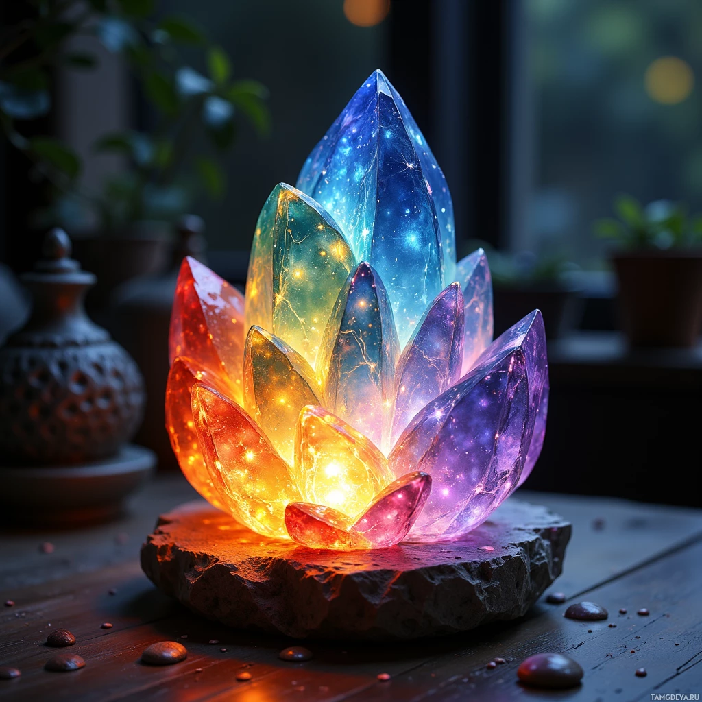 Semi-abstract image with many light, that is suitable for the post:  A tiny crystal lantern of fused glass and embedded LED, smooth polished surface resembling river stone, emitting shifting rainbow hues across the spectrum with a warm, gentle glow.