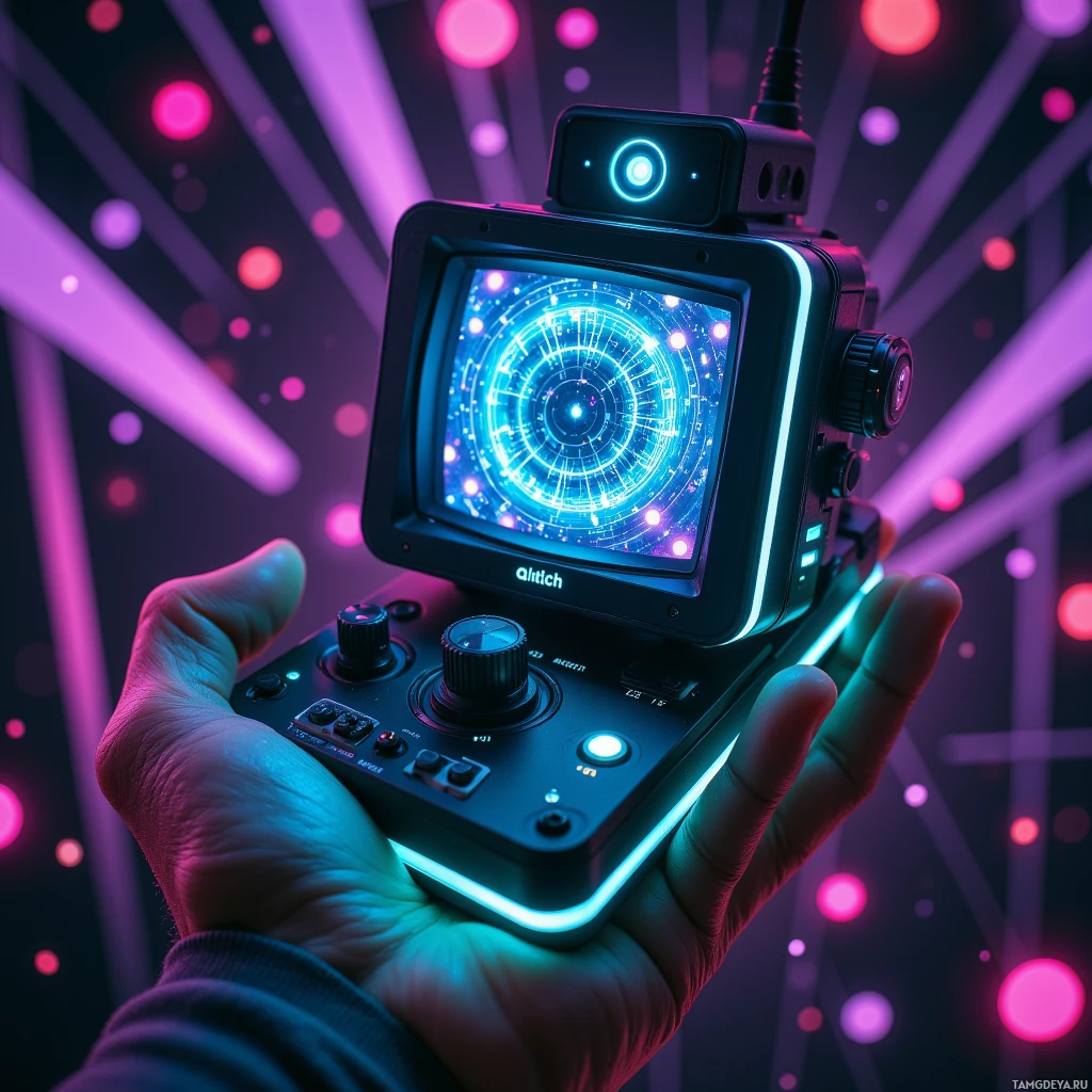 Semi-abstract image with many light, that is suitable for the post:  Handheld CRT‑style glitch‑canvas recorder, matte black body with glowing neon cyan seams, soft matte surface, holographic pixel storm display, etched fractal generator icon, ambient light charging panel, retro-futuristic glitch aesthetic.