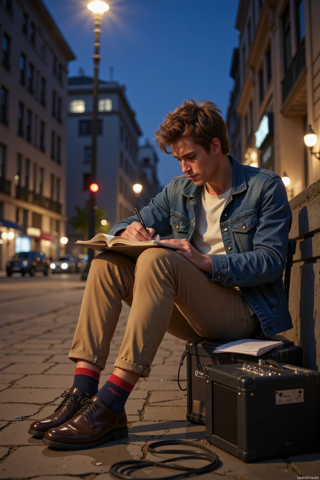 Realistic high quality photo. A 27‑year‑old man with light brown tousled hair, blue eyes and fair skin, wearing a faded denim jacket over a cream vintage t‑shirt and slim beige chinos, sits on cracked city pavement at midnight under a single streetlamp, scribbling lyrics in a notebook while mismatched socks peek from his shoes, surrounded by disarrayed amp cables.