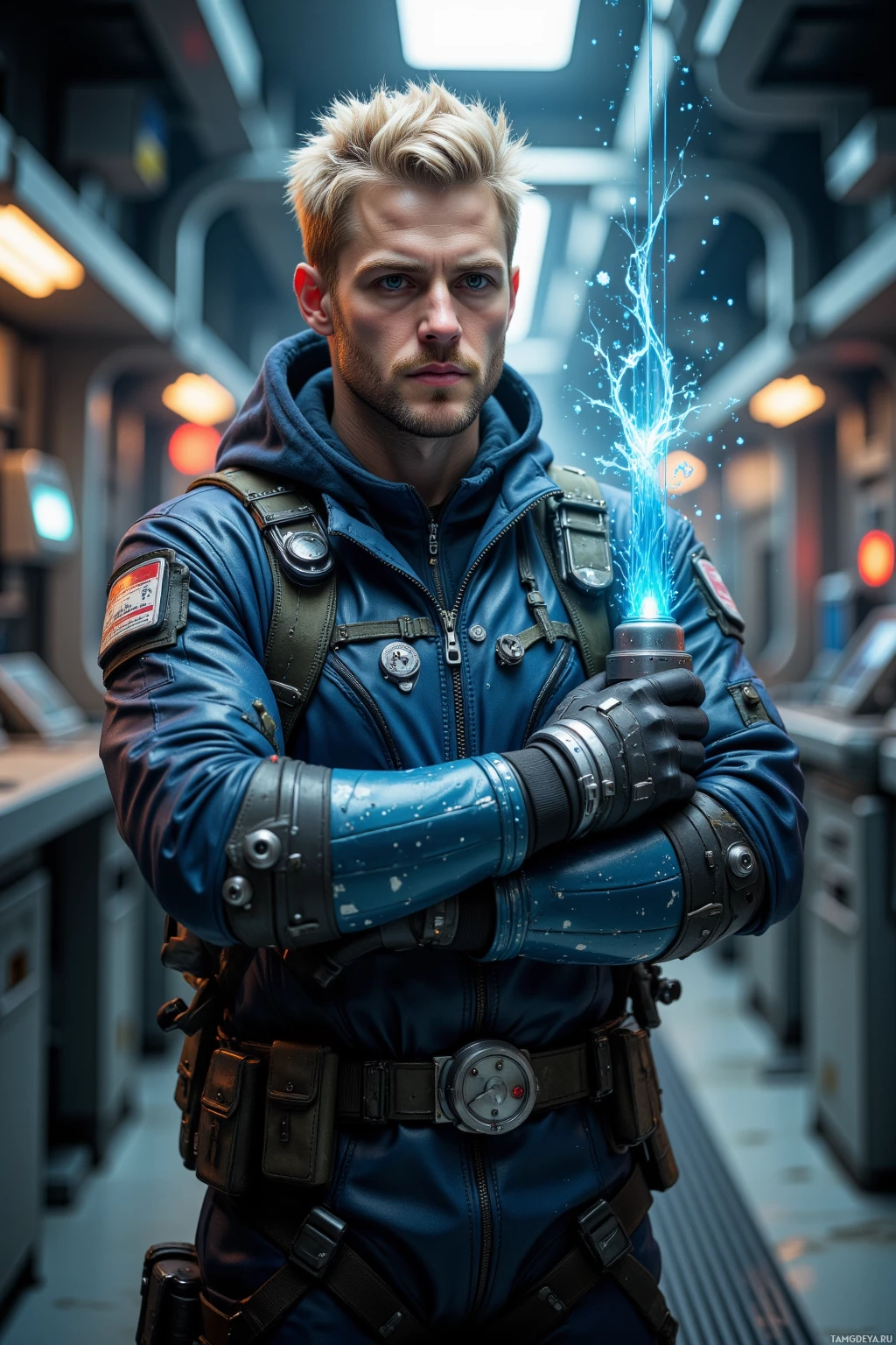 Realistic high quality photo. Male 38-year-old engineer with short blonde hair, blue eyes and pale skin, wearing a digital cloak fused with tactical gear and utility gloves, standing in Deck 3 of a sci‑fi ship maintenance bay, holding a newly printed coolant valve on his forearm while glancing at holographic meadow projections that softly illuminate steel workstations, posture calm, ready to cut power if the system changes.