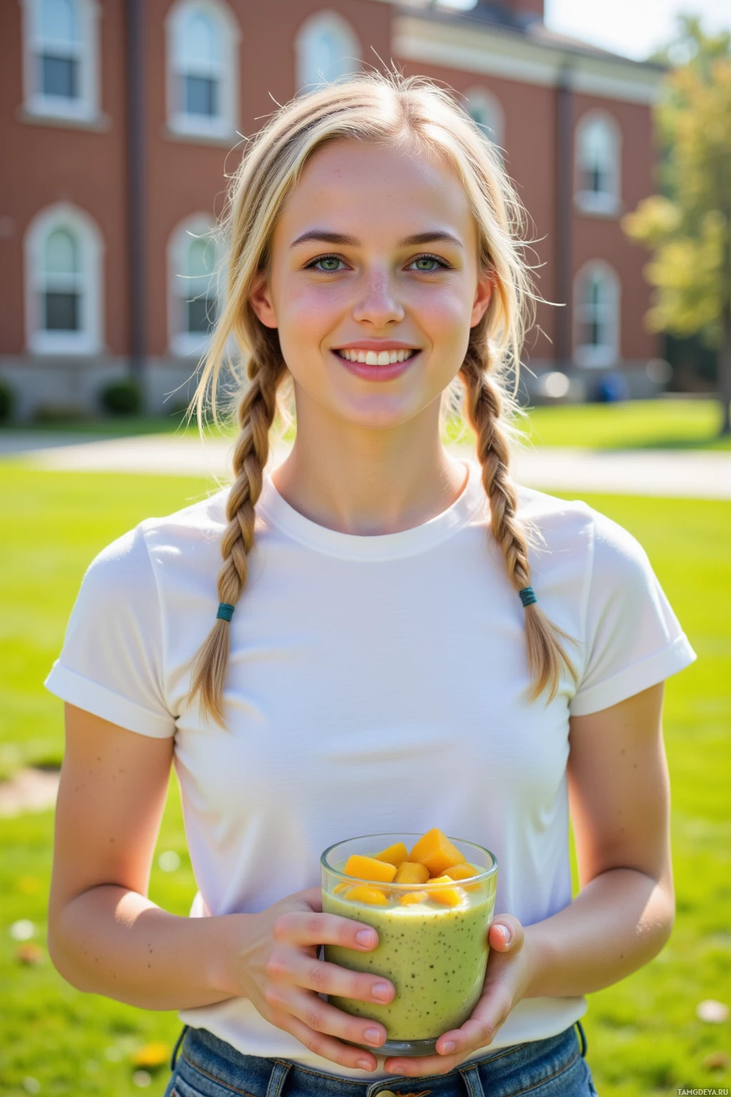 Realistic high quality photo. A 21‑year‑old woman with fair skin, blue eyes, blonde braided pigtails, wearing a simple tee and jeans, standing on a university campus lawn in early morning sunlight, holding a clear glass bowl of mango‑avocado smoothie with oat milk and turmeric, sunlight glinting on the bowl, cheerful expression.