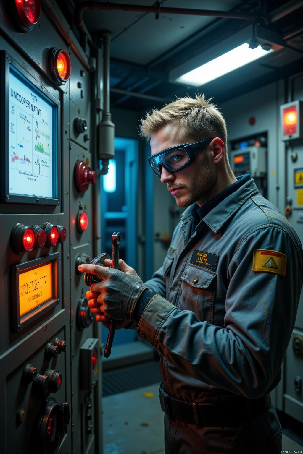 Realistic high quality photo. A 27‑year‑old male engineer with short blonde hair, blue eyes, pale skin and an angular jaw, wearing a worn utilitarian jumpsuit with pockets and industrial welding goggles, holding a spare wrench between his two thumbs while manually overriding a coolant pump in a dimly lit reactor maintenance bay at midnight, with glowing control panels and a clipboard displaying the log entry “Uncooperative 00:12:17”.
