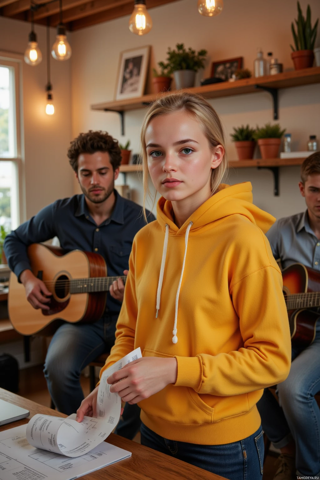 Realistic high quality photo. A 24‑year‑old woman with a heart‑shaped face, fair skin, green eyes, blonde ponytail, wearing a bright yellow hoodie, stands in a cozy community hub, handing out blueprints to a diverse group of adults playing acoustic guitars and laptops while they laugh and improvise jam sessions under warm, modern indoor lights.