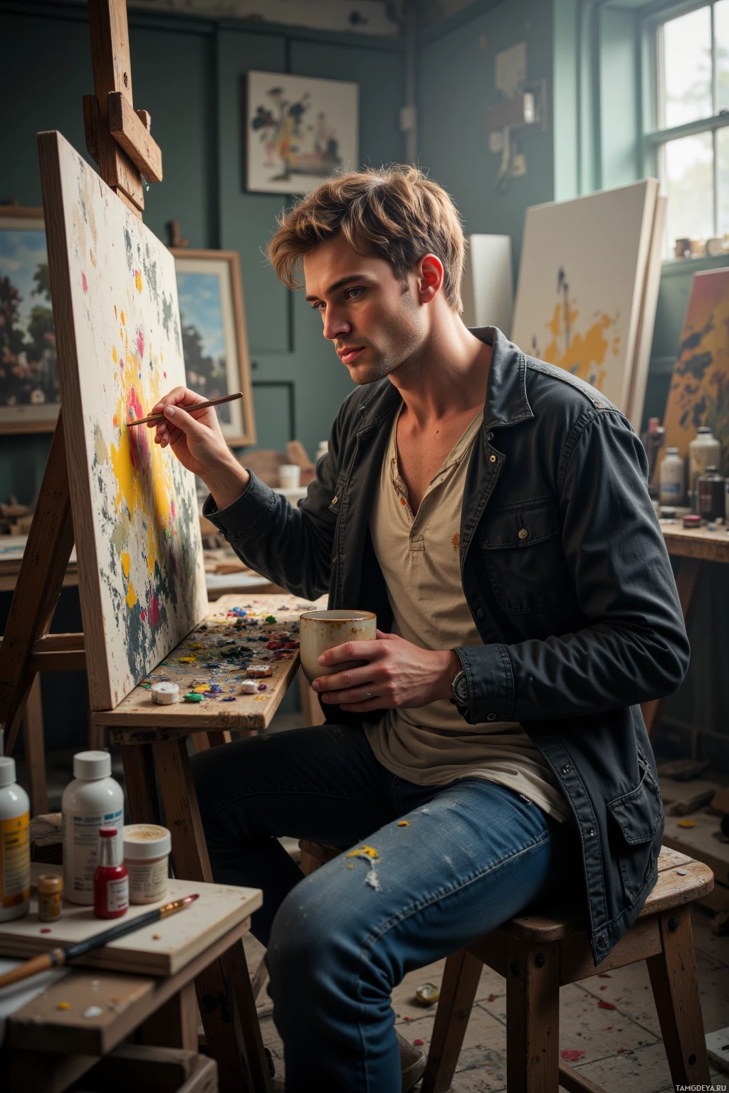 Realistic high quality photo. A 35‑year‑old man with tousled light brown hair, pale skin, blue eyes, wearing a worn black jacket over a faded white shirt with frayed edges, sits at a cluttered studio easel in early morning light, holding a chipped ceramic mug, painting with a brush that splashes dusty pigment across a canvas, surrounded by paint tubes, canvases, and scattered dust, his posture restless yet contemplative, embodying a mix of creative frenzy and quiet inertia.
