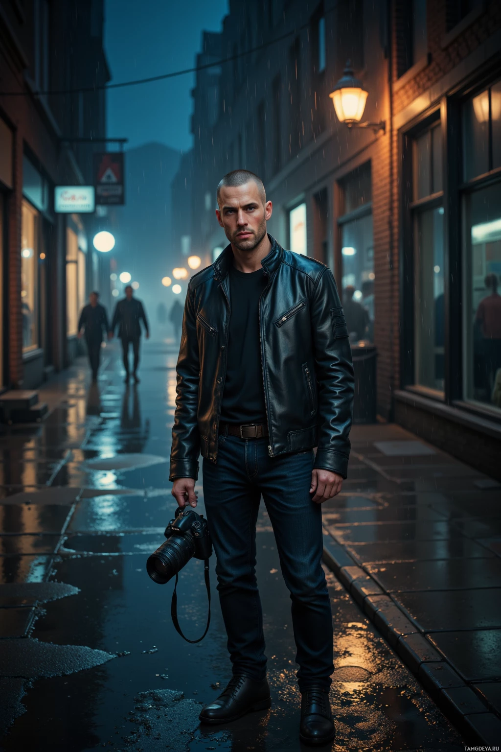 Realistic high quality photo. A 29‑year‑old man with a bleached buzzcut, sharp features, piercing blue eyes, pale complexion, in a black leather jacket holding a camera, standing alone in a rain‑soaked alley at night, puddles reflecting streetlamps and glass windows in a gritty, cinematic frame.