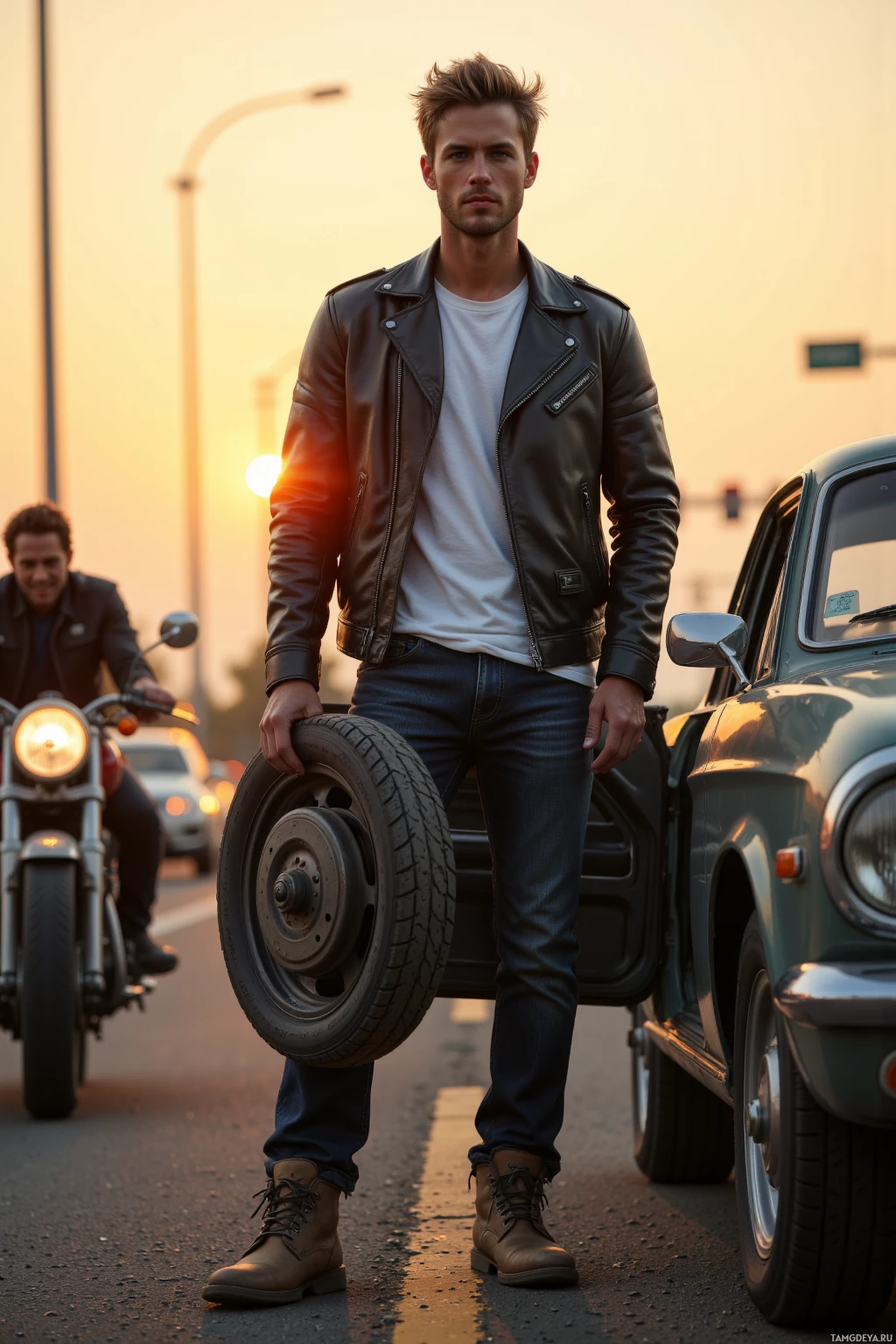 Realistic high quality photo. A tall 27‑year‑old man with messy blonde hair, bright blue eyes, rugged complexion and strong facial features, wearing a black leather jacket over a white t‑shirt, dark jeans and worn motorcycle boots, stands beside a highway at sunset, spinning a spare wheel into a stranger’s open car door as the stranger grins widely, the warm glow of the setting sun illuminating the scene.