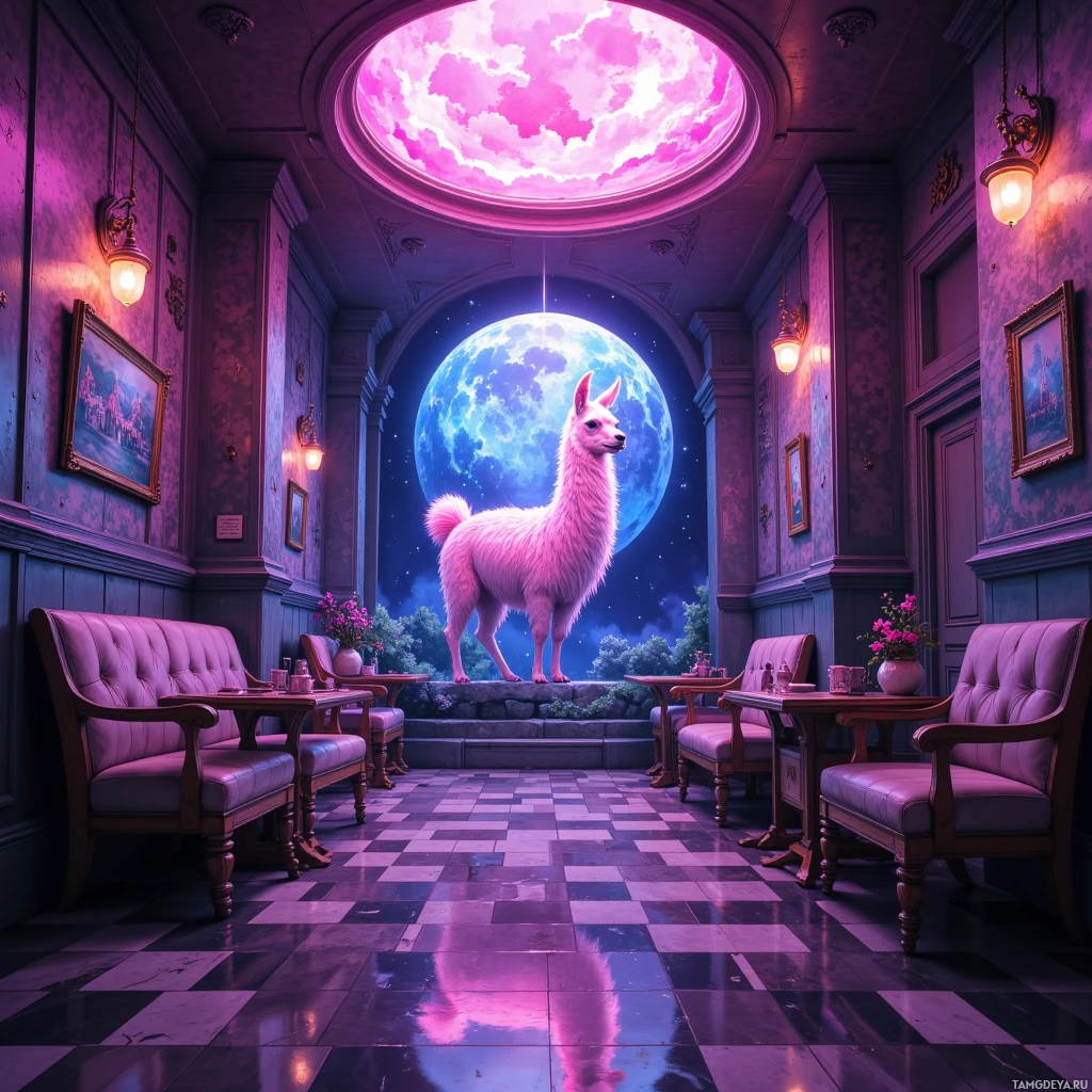Semi-abstract image with many empty light space at center of beautiful background, that is suitable for the post:  My confidence is a neon‑lit llama riding a vintage elevator to the moon's cafeteria.