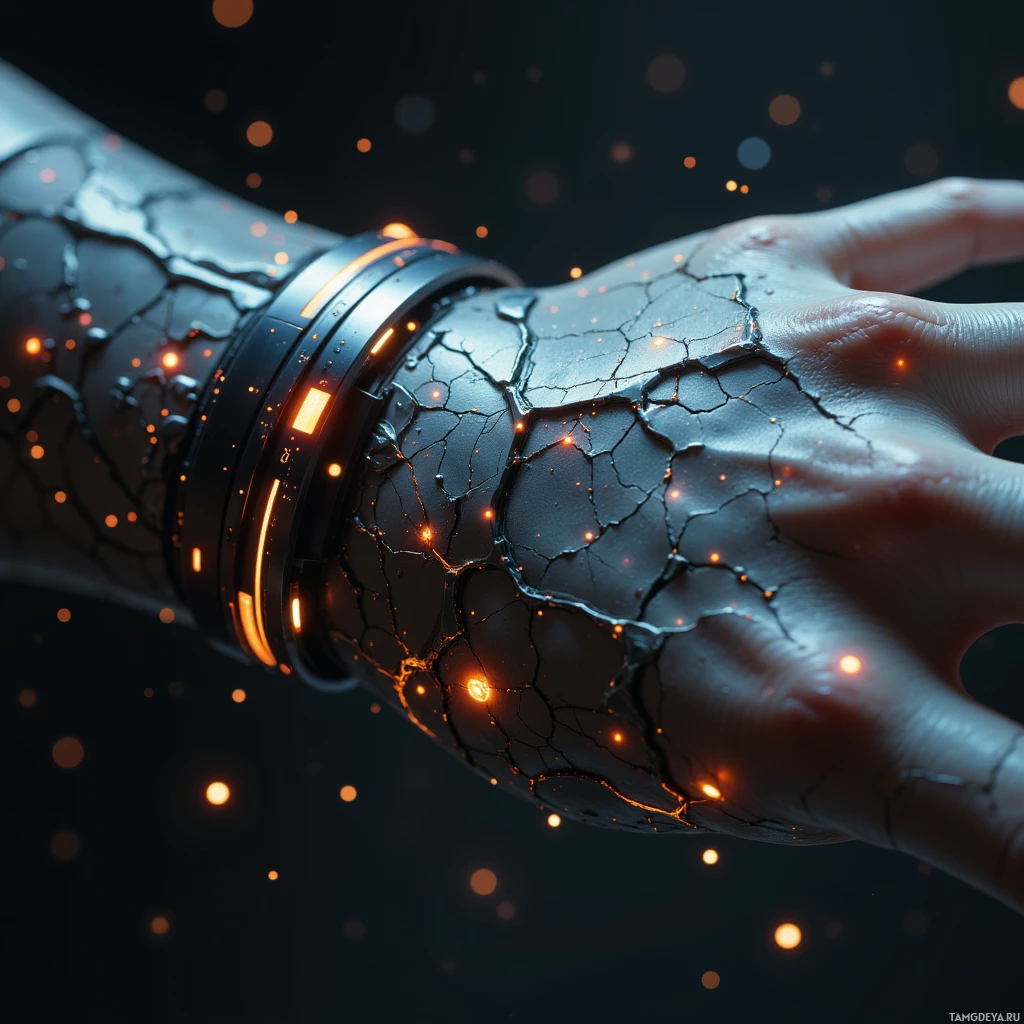 Semi-abstract image with many light, that is suitable for the post:  Titanium‑coated wrist‑mounted AI device with matte finish and faint amber neon glow, sleek brutalist chassis housing a miniature HUD that projects holographic maps onto the wearer’s skin.