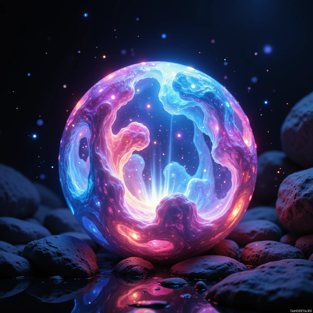 Semi-abstract image with many light, that is suitable for the post:  Translucent, pocket‑sized orb with iridescent, velvet‑smooth skin, embedded micro‑speakers glowing in swirling multicolored light that pulses to music, featuring a subtle glowing core and touch‑responsive surface.