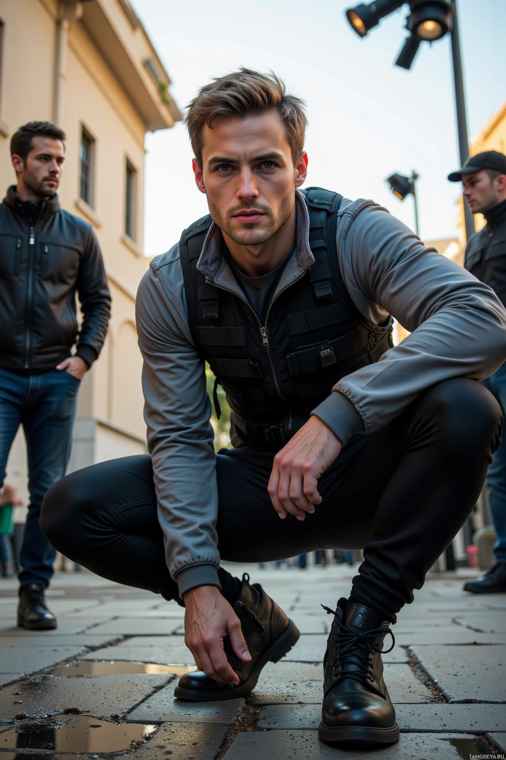 Realistic high quality photo. A 35‑year‑old male stunt performer with short light brown hair, blue eyes, athletic build, lacing sturdy black boots on a late‑afternoon film set surrounded by swinging boom mic and gaffer lights, wearing a fitted black tactical vest over a grey bomber jacket and tight black pants, exuding calm confidence amid supportive crew.