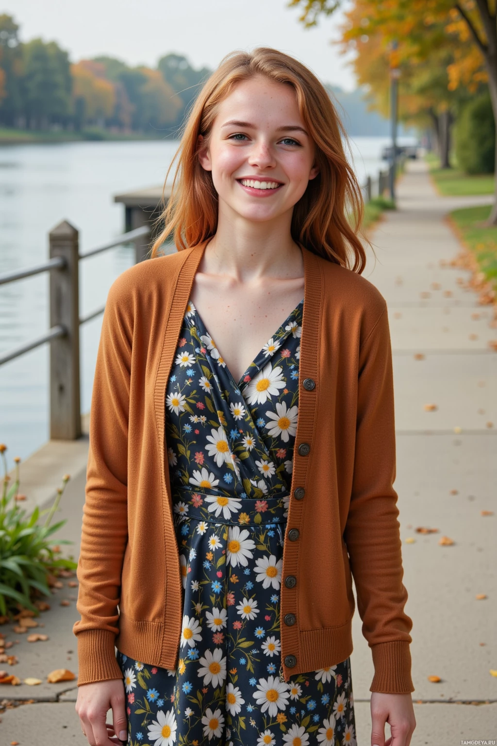 Realistic high quality photo. Young woman with fiery red wavy hair, fair skin freckles, bright blue eyes wearing a floral skirt and earth‑toned cardigan, laughing as she walks along a riverbank beside a cracked sidewalk where a lone dandelion sprouts under soft morning light.