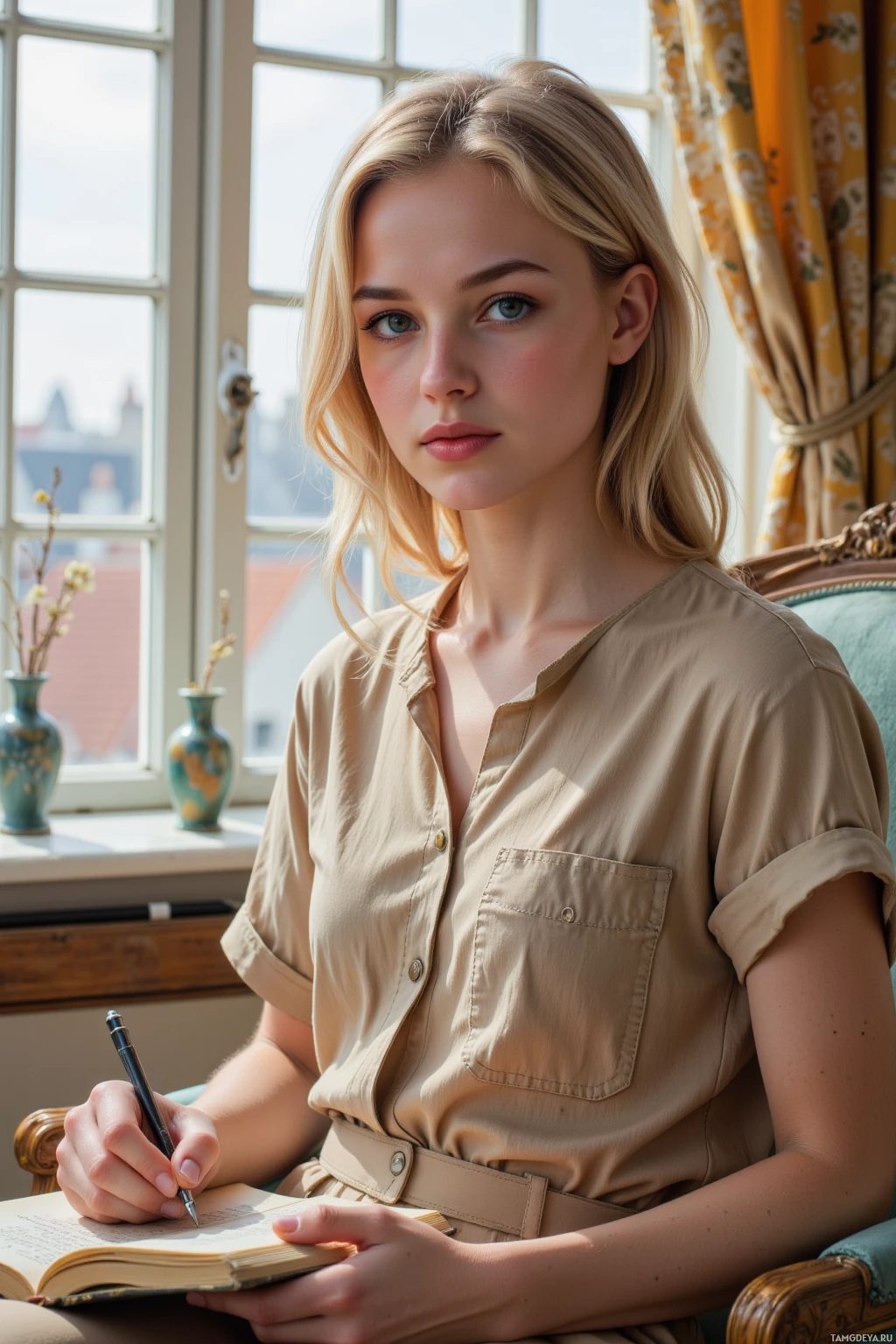 Realistic high quality photo. 24‑year‑old blonde woman with blue eyes and porcelain skin in a beige relaxed‑fit jumpsuit, seated on a worn armchair in a sunlit apartment with lace curtains, tracing an old sketchbook and arranging small vases, with faint city streets visible through a window in the afternoon light.