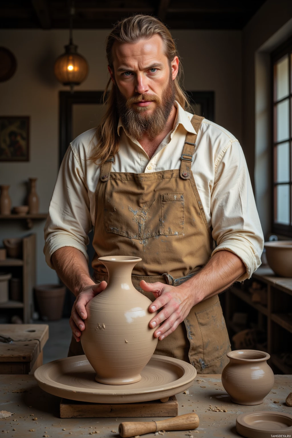 Realistic high quality photo. 40‑year‑old man with long blonde ponytail, piercing blue eyes, fair complexion, thick beard, wearing a worn beige craftsman’s apron over an off‑white linen shirt, standing in a quiet pottery studio at dusk, his hands steady on a wooden wheel shaping a glazed vase with dust of clay on his fingers and ancient pattern motifs visible.