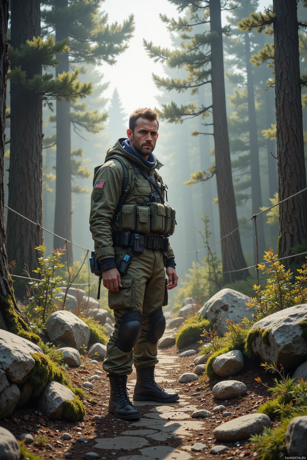 Realistic high quality photo. A 38‑year‑old male with short cropped brown hair, blue eyes and pale skin, wearing a camouflage jacket, pants and worn combat boots, stands in a morning‑lit, post‑apocalyptic forest clearing with a jagged canopy, inspecting stones laid as perimeter markers while wind rattles wire guardrails and a hidden trap is set nearby, his calm, wry expression reflecting pragmatic strategy.