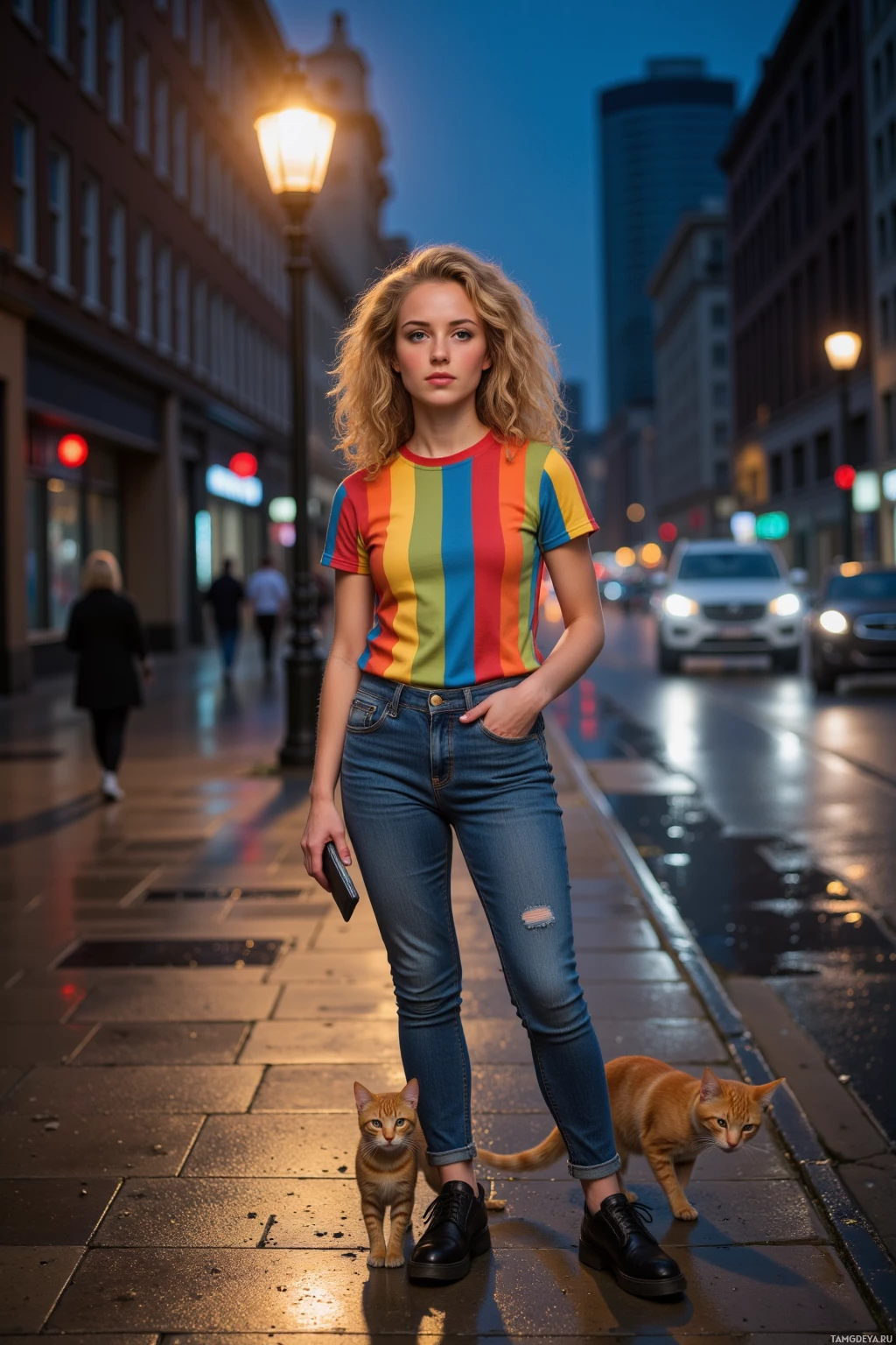 Realistic high quality photo. A 24‑year‑old woman with curly blonde hair and bright blue eyes, wearing a colorful striped T‑shirt and fitted jeans, stands on a wet city sidewalk at night under a lone streetlamp, holding a smartphone as a small cat purrs beside her while traffic hums in the background.