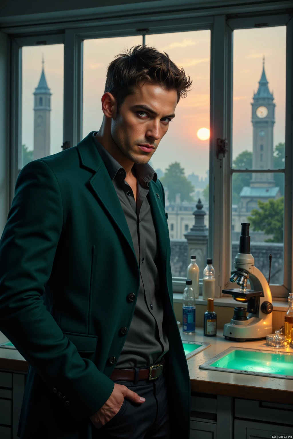 Realistic high quality photo. Male, 33, serious, short dark brown hair, intense jade‑green eyes, wearing a sleek dark green jacket over a simple collared shirt, standing at a modern lab bench illuminated by microscope glow, with a window showing sunrise over an old clock tower and a botanical garden visible in the background, focused and contemplative expression.